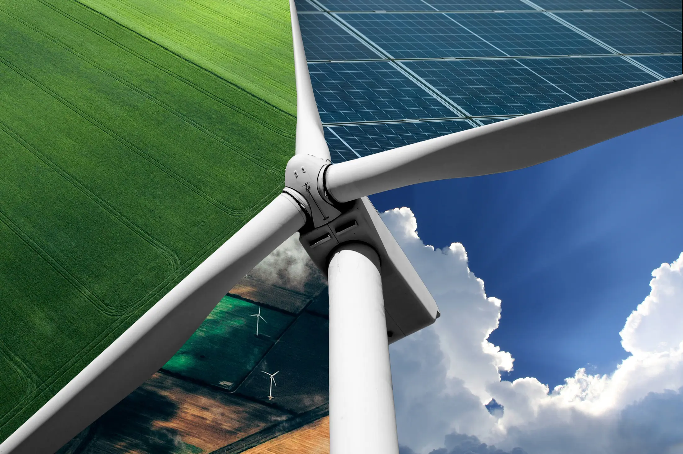 A wind turbine blade radiating out over a montage of renewable energy scenes: solar panels, green fields, a cloudy sky and farmland dotted with turbines